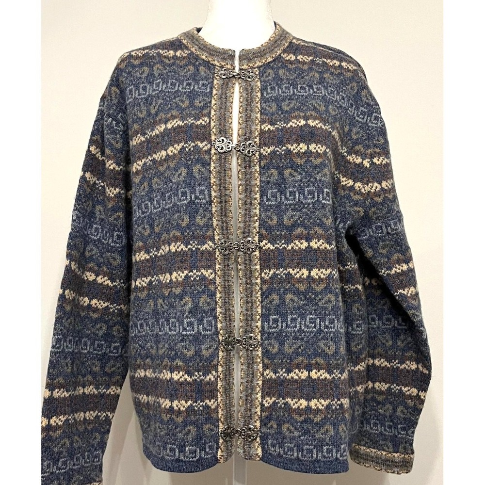 Newton Trading Cardigan Sweater Vintage Nordic Wool Blue Hook Eye A Size L